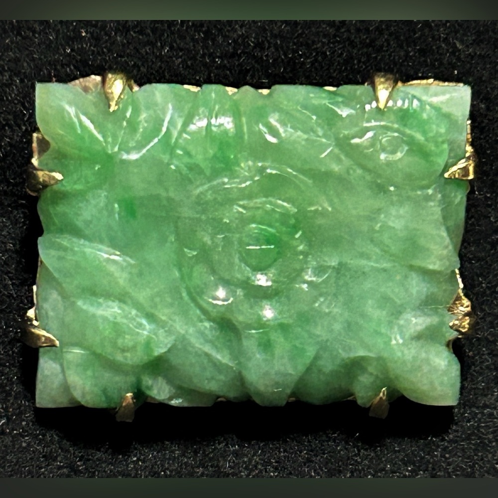 Antique Chinese Serene Ice Green Jadeite & 15K YGold Brooch Carved Birds & Peony